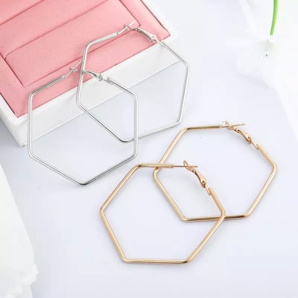 Hexagon Hoop Large Minimalist Geometric Earrings - Picture 7 of 7